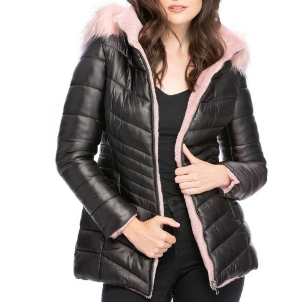 (S. Small) Coalition LA Black Reversible Hoodie Faux Fur Coat - Picture 2 of 4